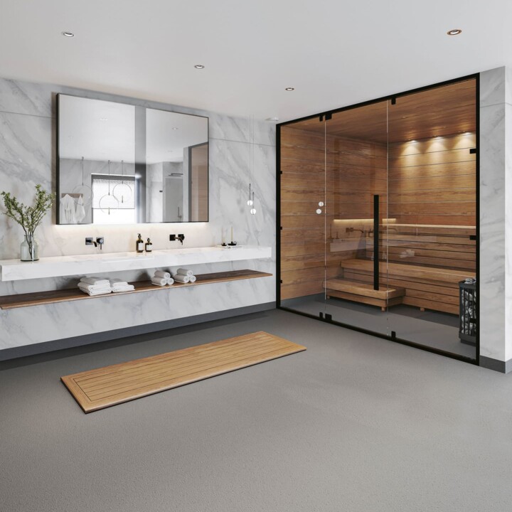 GÖTEBORG - FORBO FLOORING 2 a bathroom with a glass shower and a large mirror