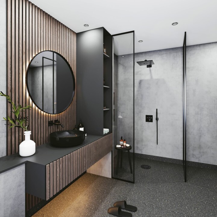 GÖTEBORG - FORBO FLOORING 3 a bathroom with a round mirror and a glass shower